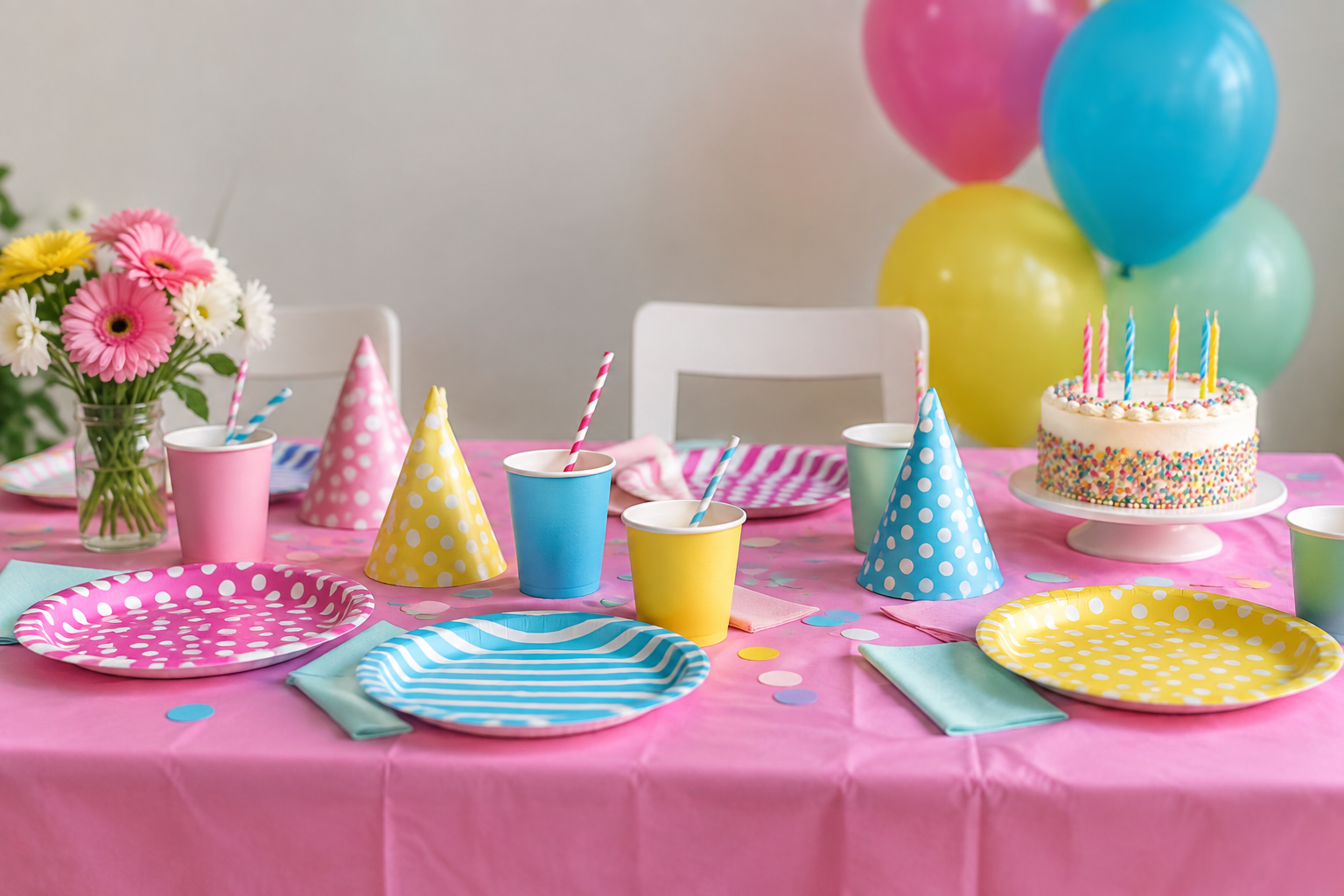 Generic birthday table with pink decorations, colorful party hats, balloons and a small cake